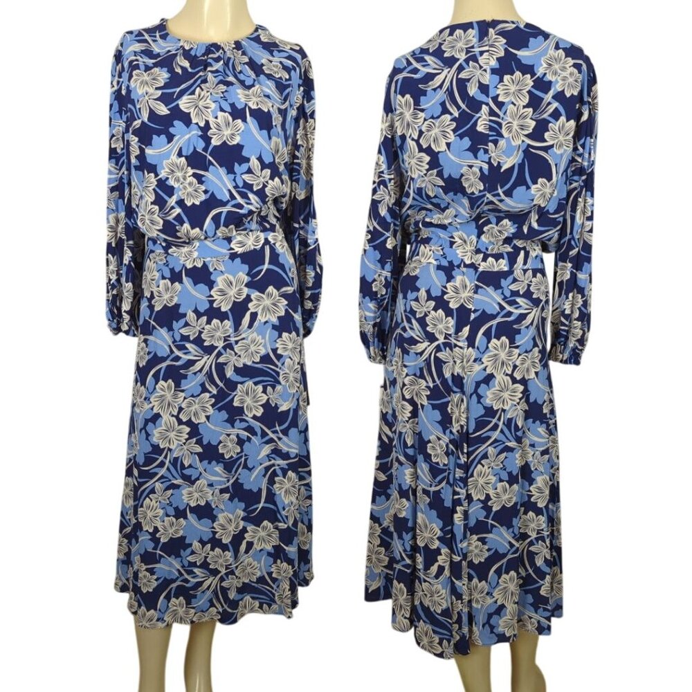 Maggy London Blue & White Floral Flock Bloused Bodice A line Print Midi Dress 16